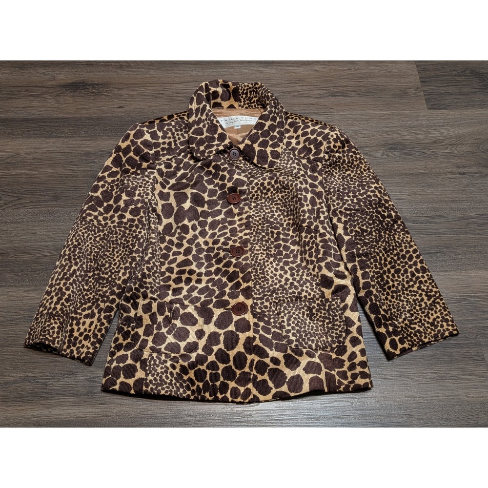 Trina Turk Jacket Size 10 Brown Corduroy Short Leopard Print Palm Springs